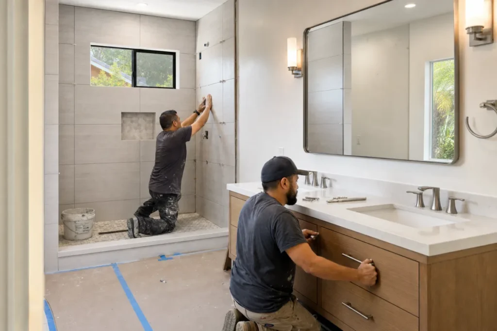 Contractors completing a bathroom remodel in Norwalk, California