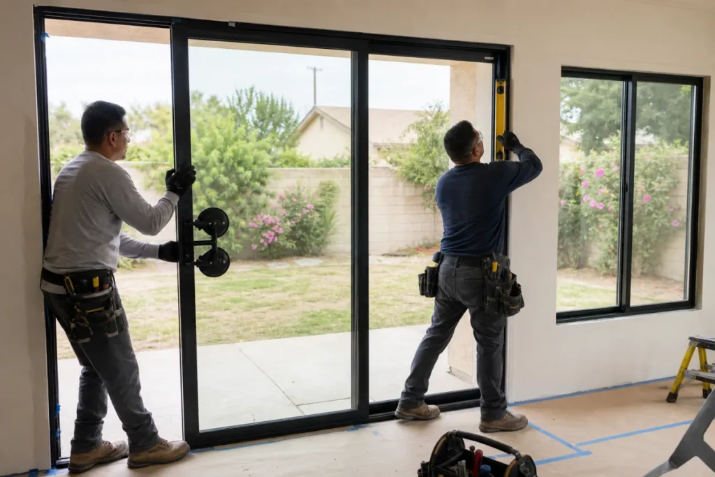 Installers fitting a residential patio door and window in Norwalk, California