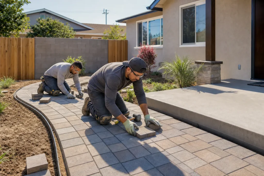 Contractors installing a residential paver walkway in Norwalk, California