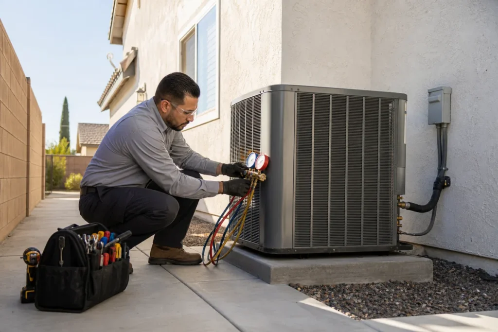 HVAC technician servicing an outdoor air conditioning system in Norwalk, California