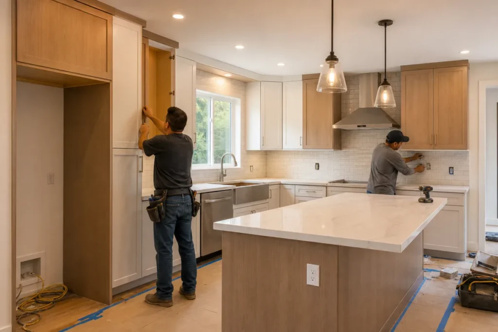 Contratistas terminando la remodelación de una cocina en Norwalk, California