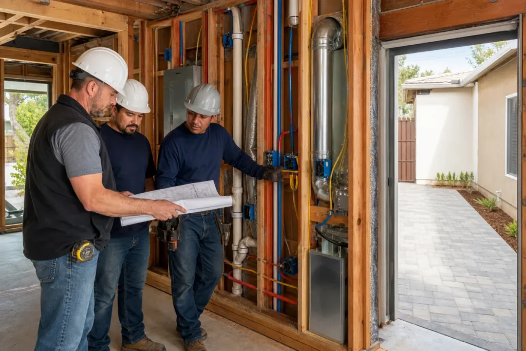 Equipo coordinando plomería, electricidad, HVAC y trabajo exterior en Norwalk, California