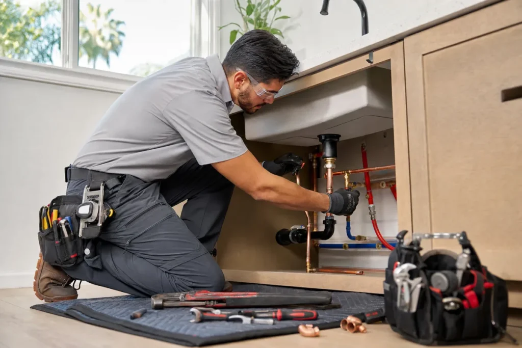 Plumber installing residential water and drain lines in Norwalk, California