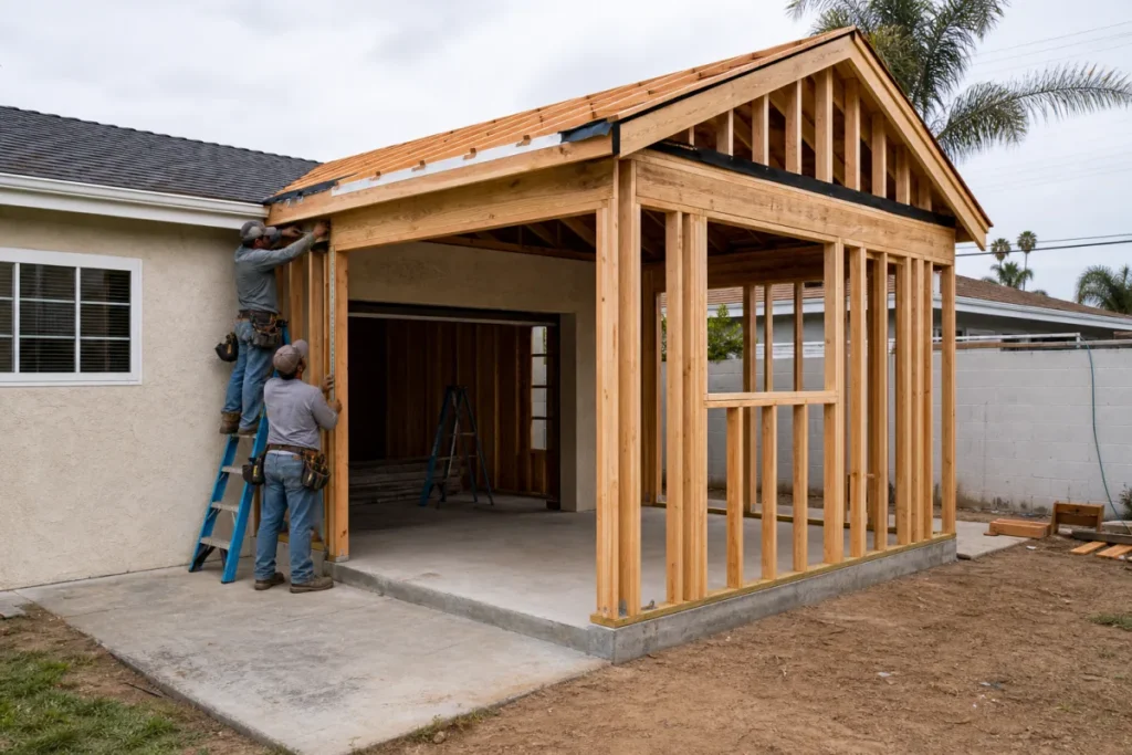 Contractors building a residential room addition in Norwalk, California